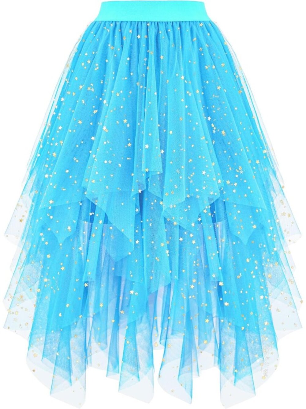 Women Blue Sequin High Layered Asymmetrical Puffy Fairy Midi Length Tulle Skirt
